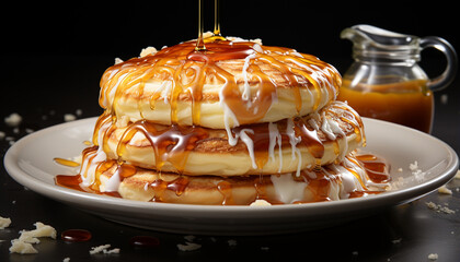 Freshly cooked pancakes stacked high with syrup and berries generated by AI