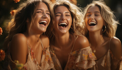 Young women enjoying a carefree summer party, laughing and dancing generated by AI