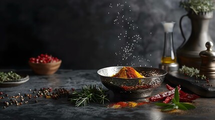 Fresh spices sprinkled over a gourmet dish in a rustic kitchen setting. culinary arts in action. perfect for menu images. dark and moody atmosphere enhancing flavors visually. AI