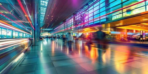 Fototapeta na wymiar Busy airport terminal, blurred motion shot