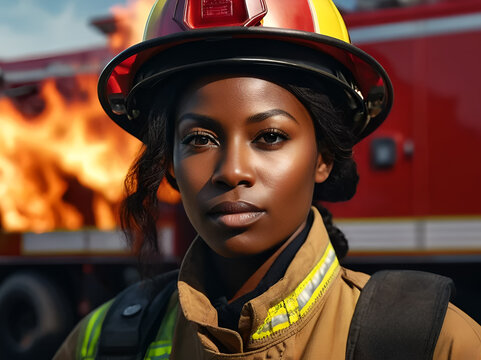 Portrait Of A Female African American Firefighter With Fire In The Background