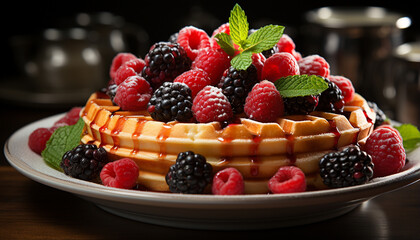 Fresh berry dessert on wooden plate, a sweet indulgence generated by AI