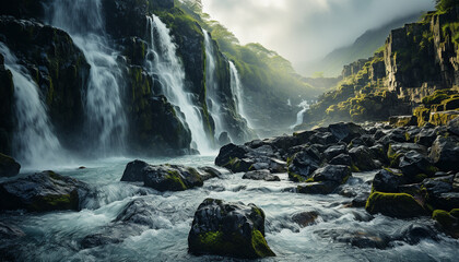 Majestic mountain, flowing water, tranquil scene, green forest, sunset generated by AI