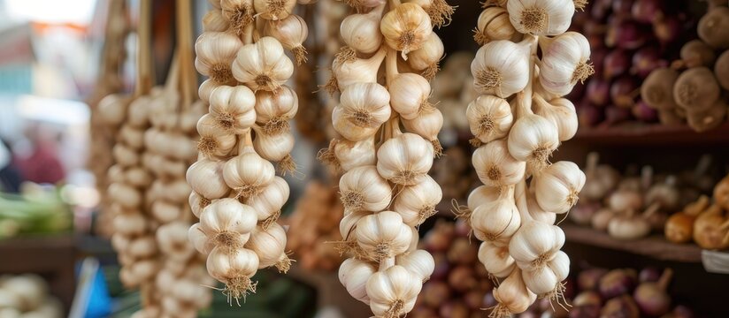 A variety of freshly dried garlic braids hang in a vegetable market stall, ready for purchase.
