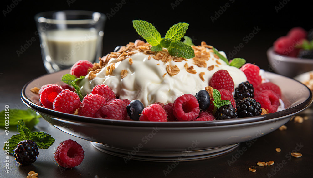 Wall mural fresh berry dessert with yogurt, mint leaf, and granola generated by ai