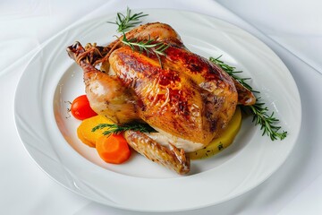 Gourmet roasted chicken presented on a fine dining plate Top view. ideal for culinary websites and gourmet recipes