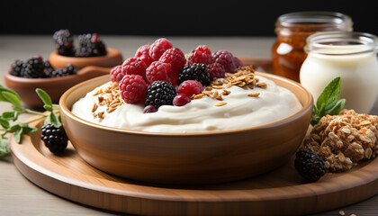 Healthy eating yogurt, fruit, granola, raspberry, blueberry, oatmeal, honey generated by AI