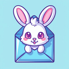 Fototapeta premium Cute cartoon bunny with envelope on blue background. Vector illustration.