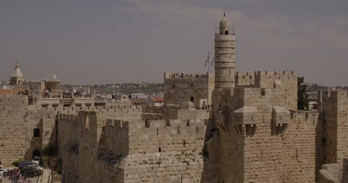 Aerial Footage of the Tower of David, the walls of the Old City and the Old City of Jerusalem.