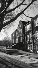 Black and white photo of a school building, retro photo
