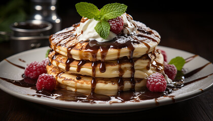 Freshly baked pancakes with chocolate sauce, berries, and whipped cream generated by AI