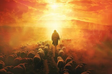 Shepherd themed illustration of jesus christ guiding sheep Set against a backdrop of prayer and divine light Symbolizing spiritual leadership and guidance. - obrazy, fototapety, plakaty