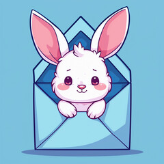 Cute cartoon bunny with envelope on blue background. Vector illustration.