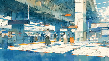 Tourists passengers with suitcases at modern airport, back view, illustration