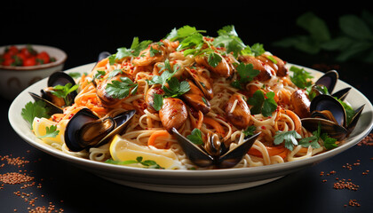 Fresh seafood pasta with parsley, tomato, prawn, and mussel generated by AI