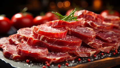 Freshness and gourmet on a rustic plate, smoked prosciutto appetizer generated by AI