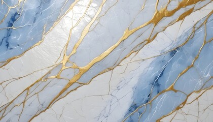 Abstract blue and white marble background with gold veins. Decorative wallpaper.