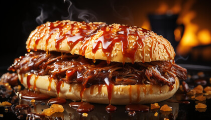 Grilled meat on bun, savory sauce, coleslaw, indulgence, refreshment generated by AI