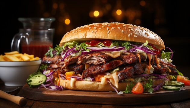 Grilled beef burger on bun with tomato, onion, and cheese generated by AI