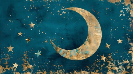 Naklejka premium Ethereal crescent moon amidst stars on a mystical blue night sky. dreamy celestial body artwork. perfect for illustration use. AI