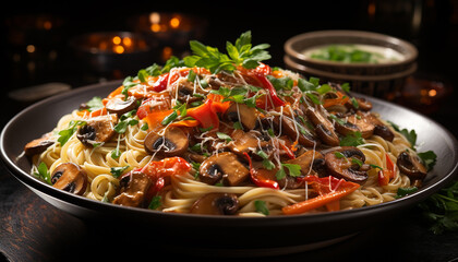 Freshness on plate gourmet pasta, cooked meal, healthy eating generated by AI