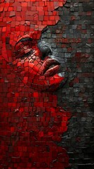 womans face red paint mosaics full glass shattered wall wood closeup fractured black color shapeshifter broken tiles overdose sculpting