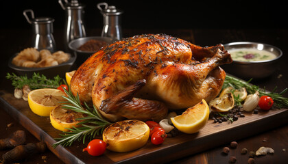 Freshly baked homemade roast chicken, a healthy gourmet main course generated by AI
