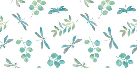 Fototapeta na wymiar seamless abstract pattern, green color, abstraction of dragonflies and leaves, drawn in watercolor on a white background