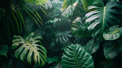 Fototapeta na wymiar Lush tropical greenery vibrant palm leaves texture background in natural setting