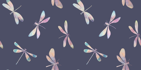 Watercolor drawing of a dragonfly, colorful wallpaper with insects on a blue background - obrazy, fototapety, plakaty
