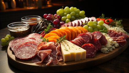 Rustic plate of meat, cheese, and fruit on wooden table generated by AI