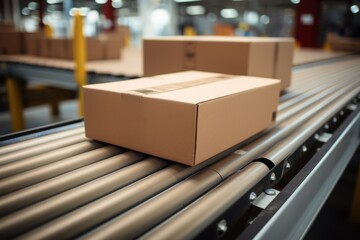Cardboard boxes parcels on a conveyor belt, transport goods delivery and logistics, logistics warehouse