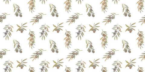 Seamless pattern, endless watercolor pattern, hand drawn. Olive branches, olives, juicy tree fruits. Fabric design, kitchen textiles, packaging, wrapping paper.