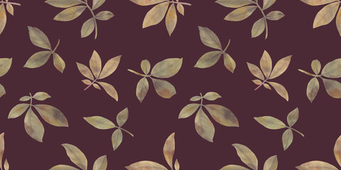seamless botanical pattern, watercolor leaves and branches, illustration of graceful twigs, abstract art background for design