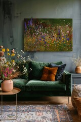 brightly colored hangs above green couch living room australian wildflowers grasses environment impactful ambient