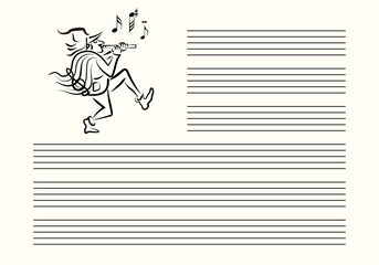 Musical notes blank sheet with black outline Pied Piper Hamelin. Black lines on white background. Editable stroke vector.	
