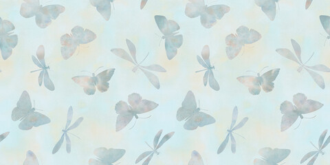 repeating ornament, seamless pattern of dragonflies and butterflies, endless watercolor illustration, hand drawn. Design of fabrics, wrapping paper, kitchen textiles, packaging.