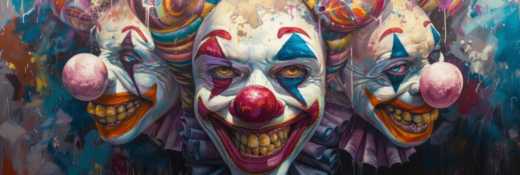 Evil scary clowns close-up, clown in makeup with red nose