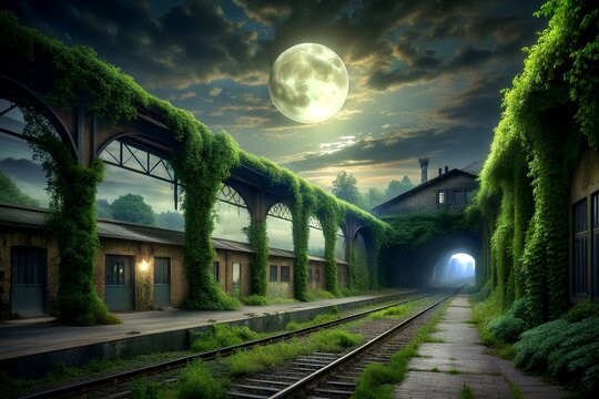 Step Into a Forgotten Realm Where Time Stands Still: Unraveling the Secrets of an Abandoned Train Station, its Platforms Draped in Lush Ivy