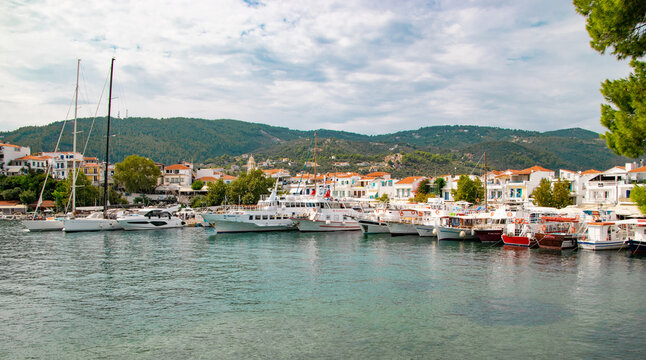 Skiathos island, Greece - August 25th 2022 - Photos of the port, city, beaches and the castle of the island. 