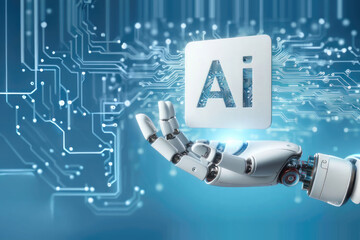 A robot hand with a plate labeled Ai on a light blue futuristic background. Copy space. AI generative.