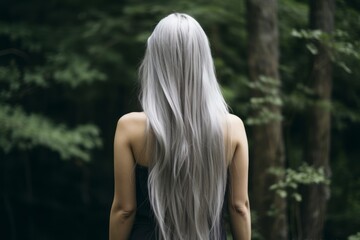 Rear view of a girl with flowing long gray hair, care and hair care concept