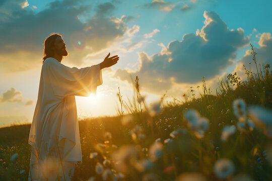 Divine Encounter: Serene Moment with Jesus Christ Extending Hand to the Sky