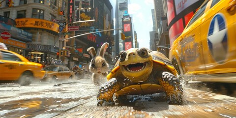 An Unlikely Duo of Turtle and Rabbit Take on the City Streets in a Splashy Dash of Adventure and Humor, Generative AI - obrazy, fototapety, plakaty
