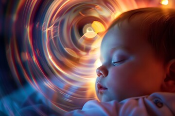 baby dreaming while having a nap surrounded by colorful abstract colors representing dreams and imagination