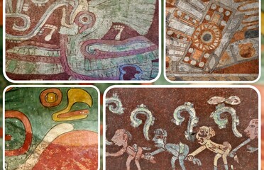 Beautiful fragments of wall painting found in the ancient and mysterious city of Tenochtitlan in Mexico