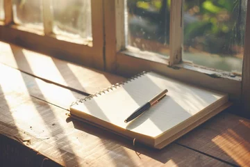 Foto op Plexiglas A minimalist white notebook page with a single, elegant pen resting beside it, bathed in warm sunlight streaming through a window, ready for creative ideas © Pixlab11