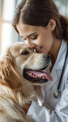 Female Veterinarian Petting a Healthy, Cute Dog