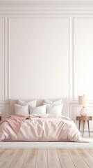 Double bed isolated against a white wall, pastel pink pillows and bedding