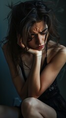 Fototapeta premium woman sitting chair hand chin ecstasy cry far portrait princess sadness upset coffee work face looking skyward unconnected crying reaching arm agitated